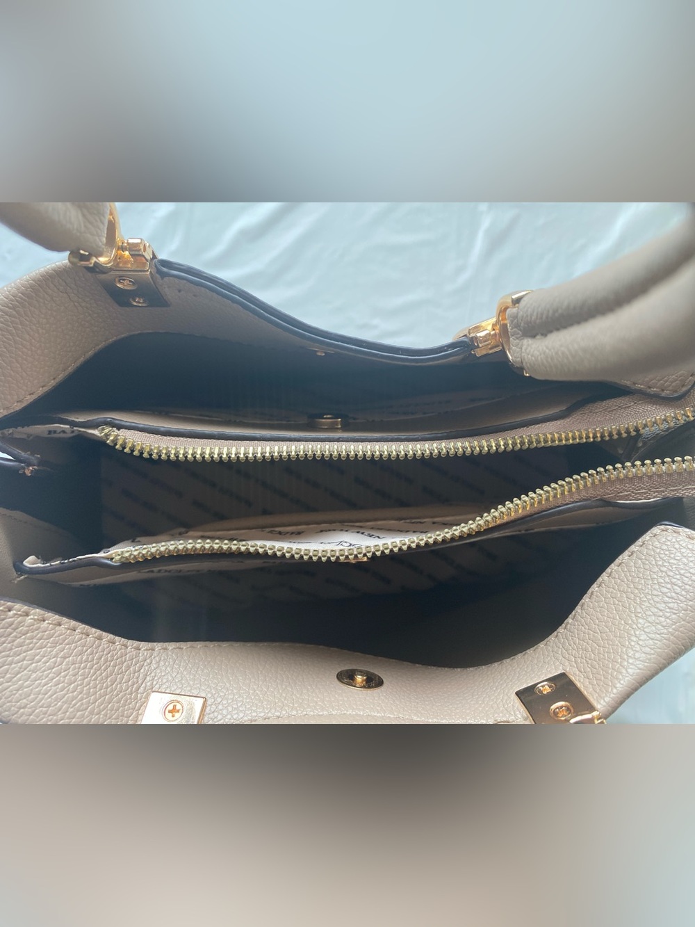 Badgley Mischka Taupe Pebbled Faux Leather Structured Satchel Handbag - Picture 7 of 12